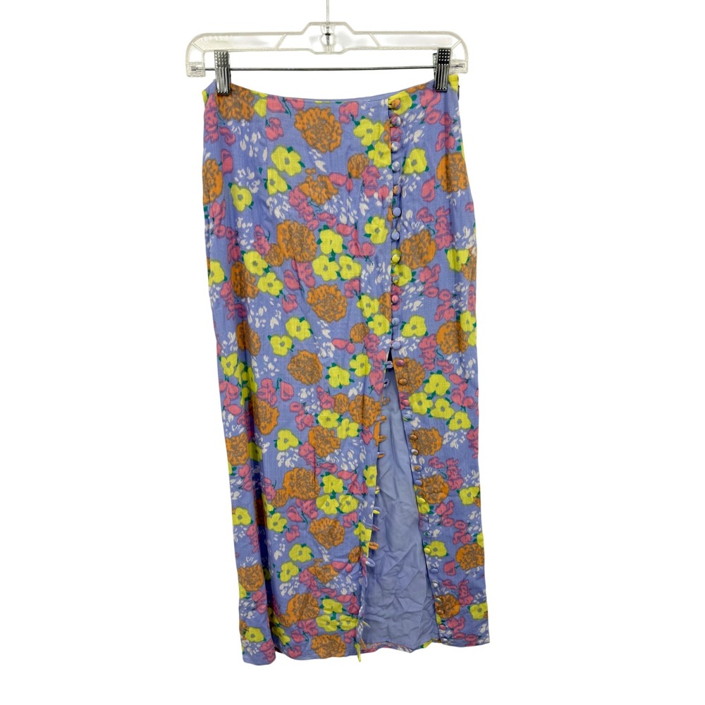 Sabo Floral Maxi Skirt Womens S Blue Yellow Orange Button Front Slit Viscose